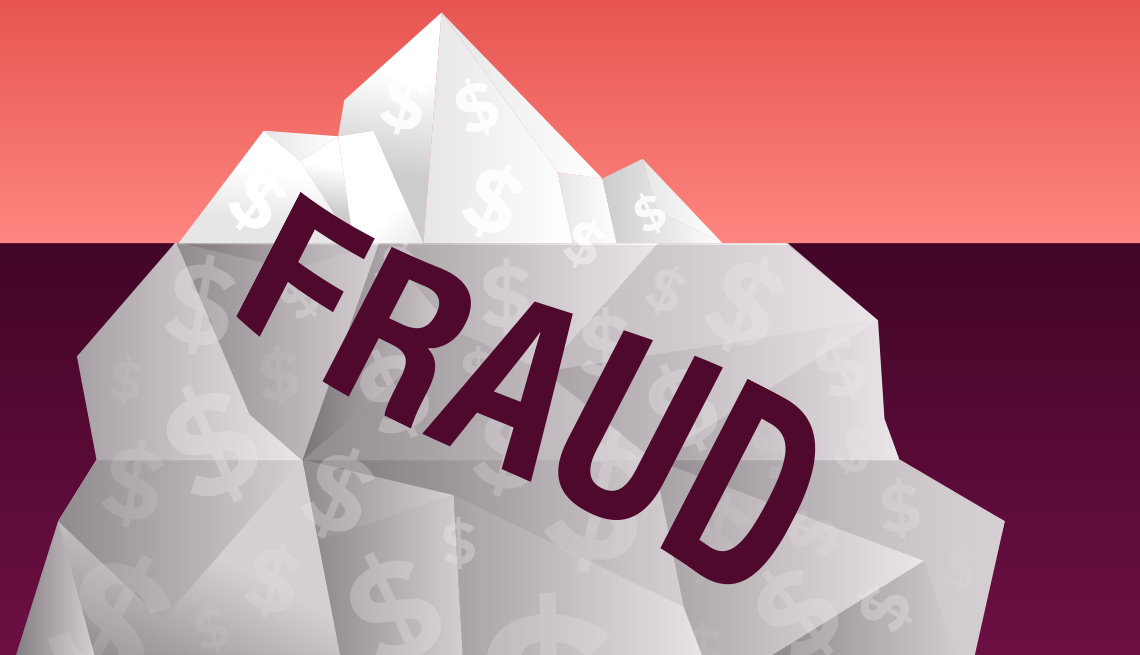 illustration of an iceberg both above and under the water with the word fraud on it and there are faint collar signs all over it