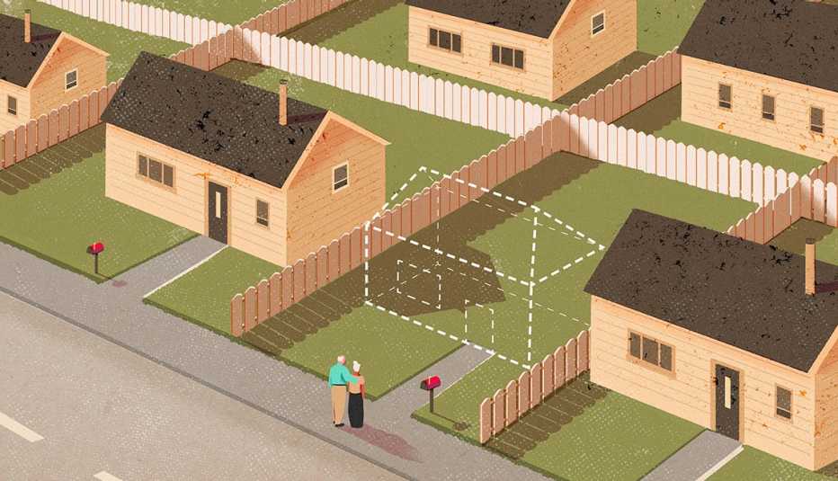 suburban neighborhood with an empty outline where a house should be and a sad couple standing in front of it who lost their home