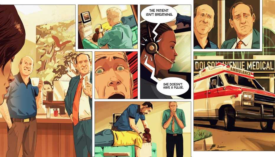 comic book illustration dramatization of a patient death after a simple joint injection procedure