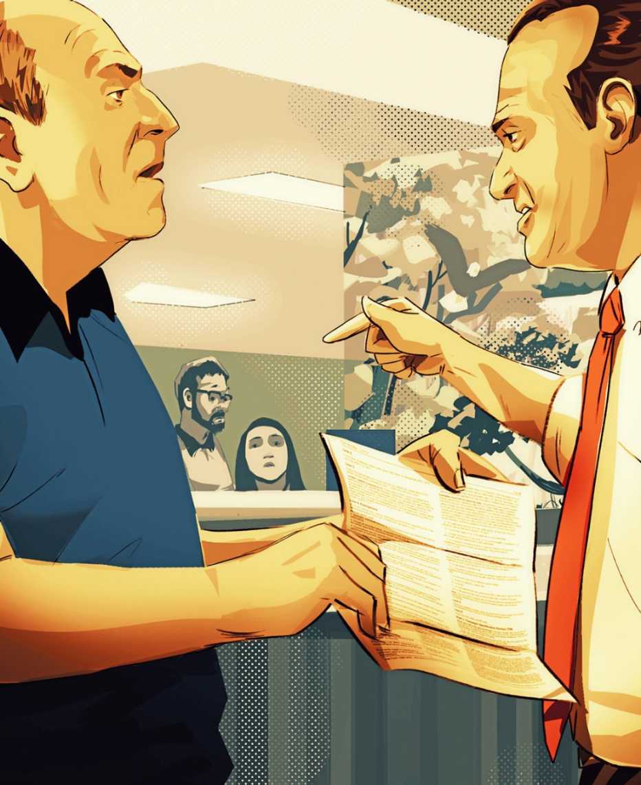 cartoon of the Spina brothers arguing over their fraudulent medical billing