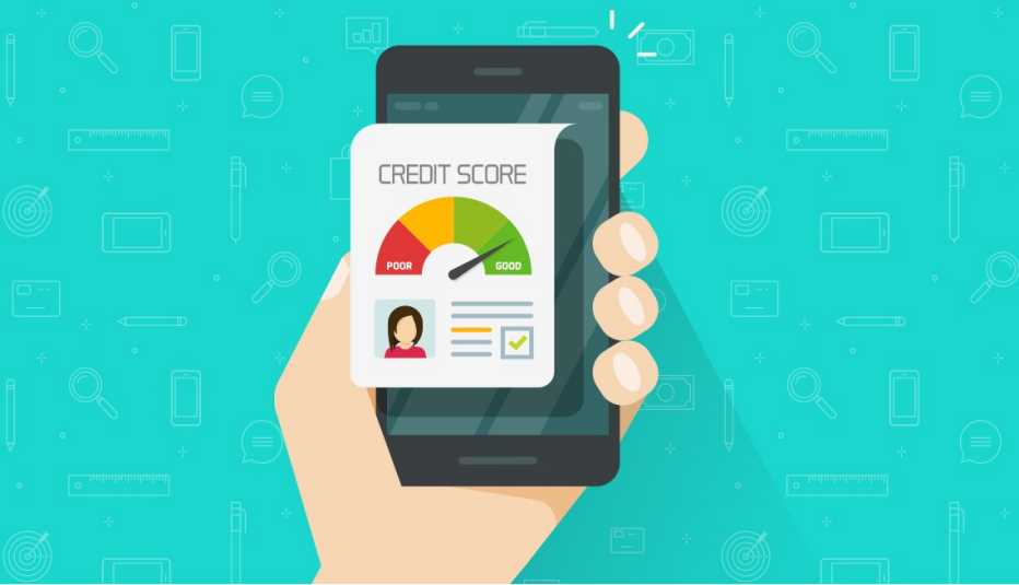 illustration of a hand holding a smart phone with a credit score report on it that shows good credit