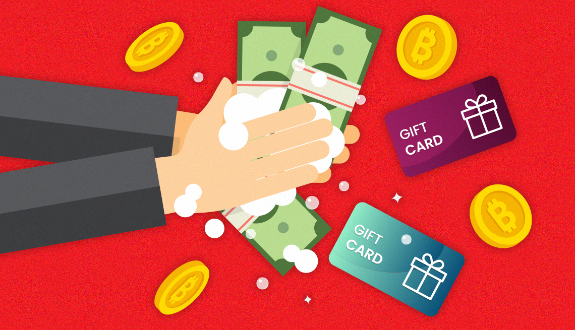 cartoon of a pair of hands washing stacks of cash bitcoins and gift cards to show different tactics used by criminals to launder money