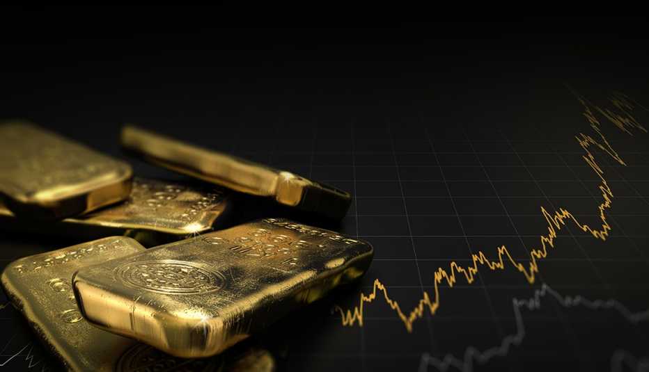 illustration of gold ingots over black background with a financial graph going up