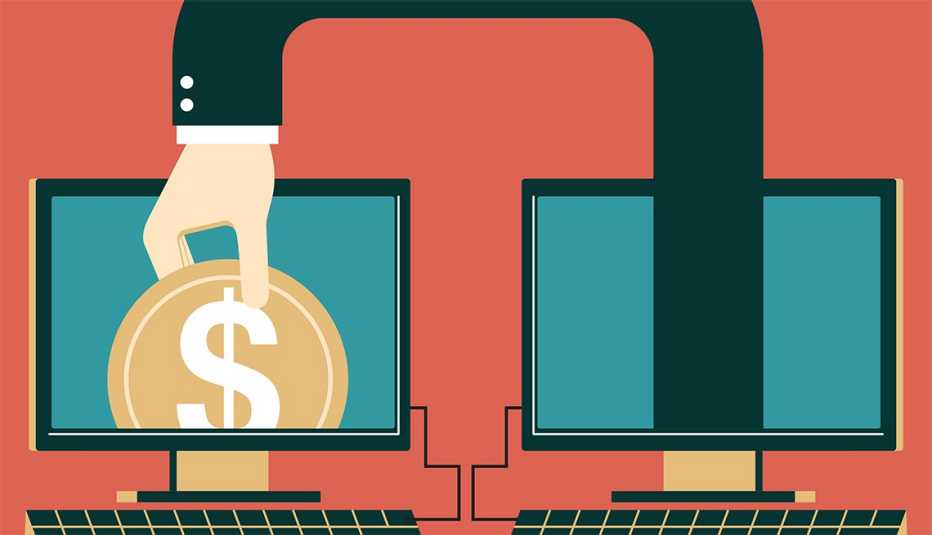 illustration of an arm reaching out from one computer screen to take a coin out of the other computer screen