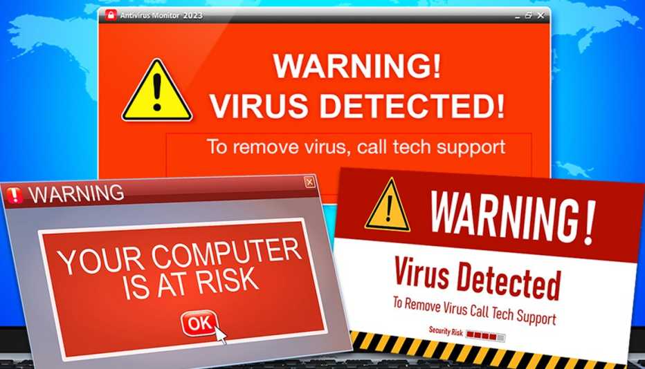 laptop with collection of fraudulent popup alert and warning windows directing users to call tech support