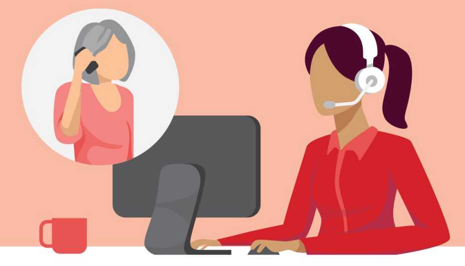 graphic showing a person calling into a helpline and a rep talking to them from their office