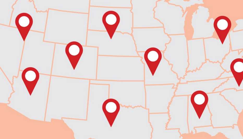 zoomed in map of the united states with map locator pins scattered around