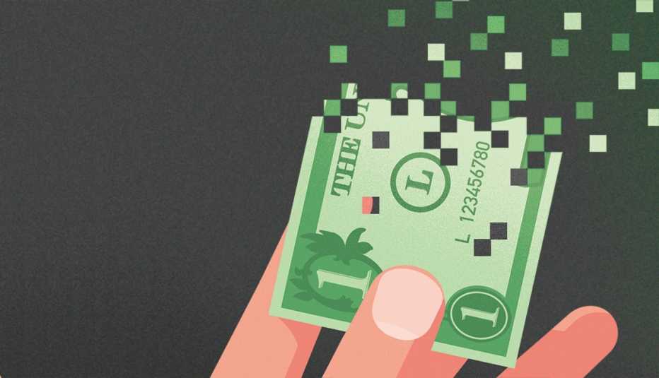 hand holding a dollar bill that is disintegrating into digital pixels