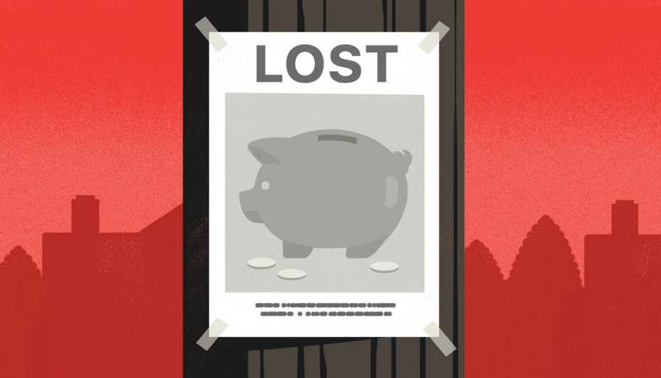 telephone pole with a lost poster that has a picture of a piggybank on it