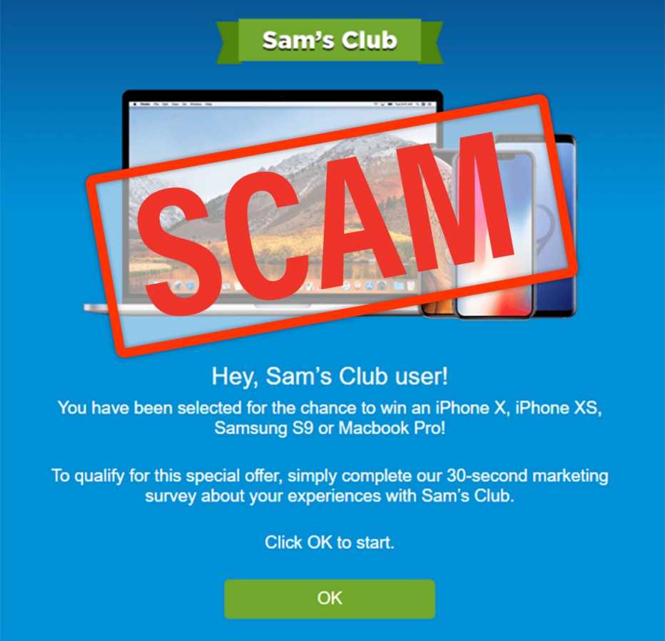 phishing email posing as a sams club promotion with the stamp labeled scam on top of it