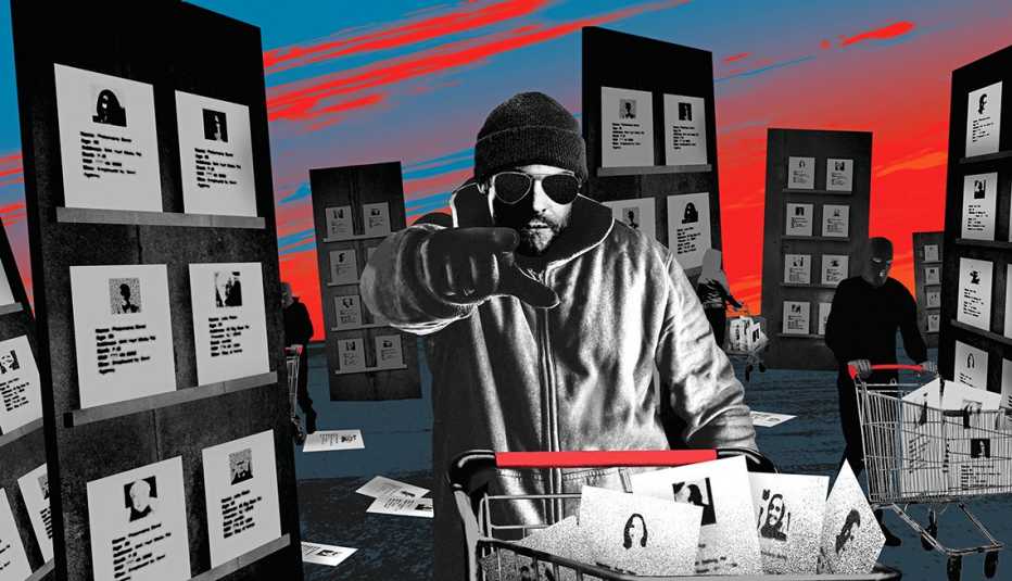 menacing guy hiding his identity pushed a shopping cart full of stolen identities