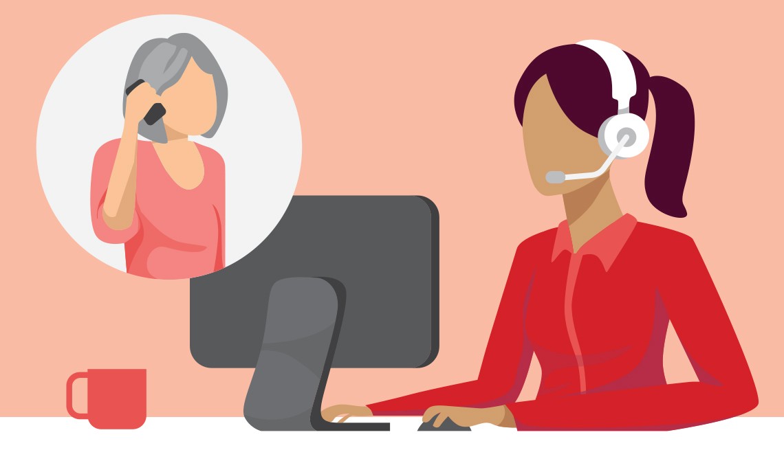 graphic showing a person calling into a helpline and a rep talking to them from their office