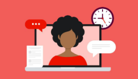 a person on a laptop screen with various icons around it