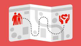 illustration of a map with an icon of a person helping another person with a cane navigate towards caregiving